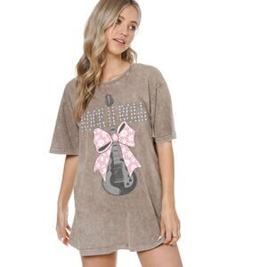 Ribbon Rock 'N Roll Graphic S/S Washed Boyfriend Tee - Women's Oversized T-Shirt